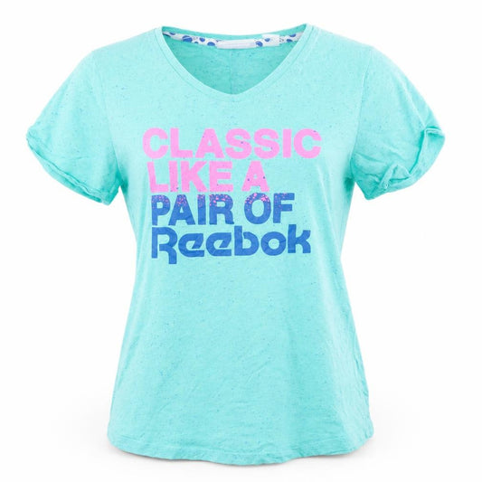 Front view of Reebok Women’s Blue V-Neck Classic Slogan T-Shirt, size M