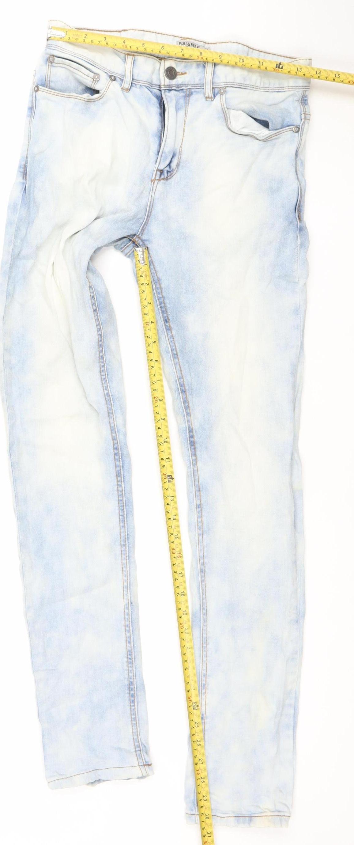 Pull & Bear Men's Blue Slim Fit Acid Wash Denim Jeans 30W Straight Leg