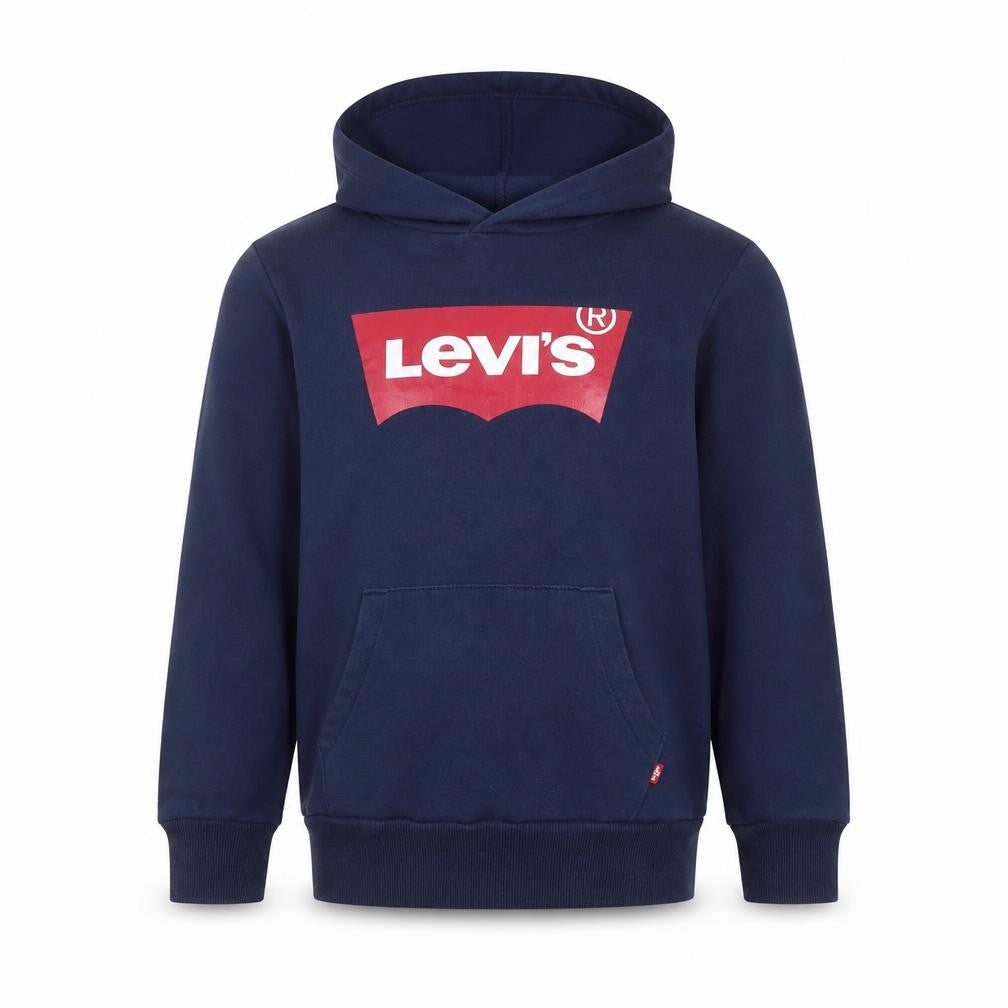 Front view of Levi's boys’ navy blue pullover hoodie 12 years cotton blend logo sweatshirt