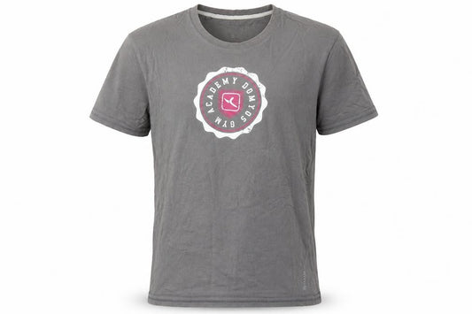 Front view of Domyos Men's Grey Crew Neck Gym Academy Graphic T-Shirt Medium