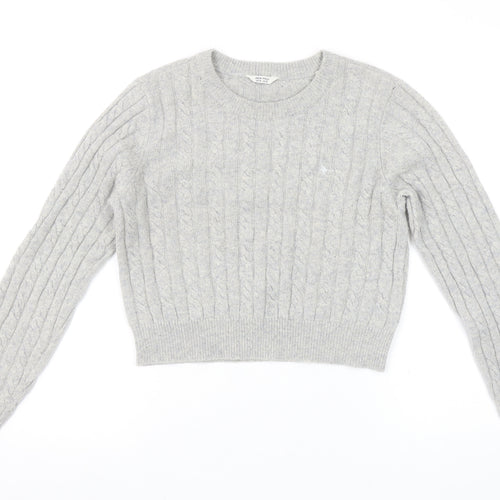 Jack Wills Women Grey Cable-Knit Jumper UK 14 Merino Wool Blend Crew Neck