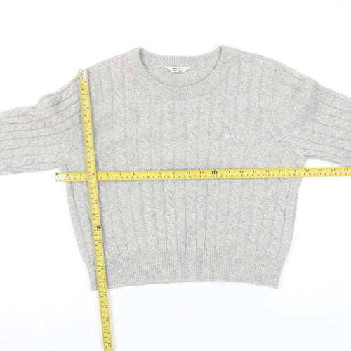 Jack Wills Women Grey Cable-Knit Jumper UK 14 Merino Wool Blend Crew Neck