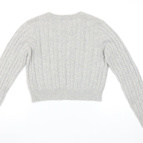 Jack Wills Women Grey Cable-Knit Jumper UK 14 Merino Wool Blend Crew Neck