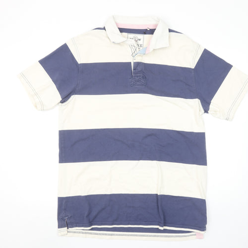 Maine New England Men’s Blue White Striped Polo Shirt Size L Cotton