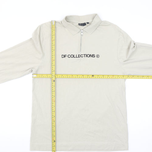 ASOS DESIGN Mens Beige Long Sleeve Collared 1/4 Zip Polo Shirt L