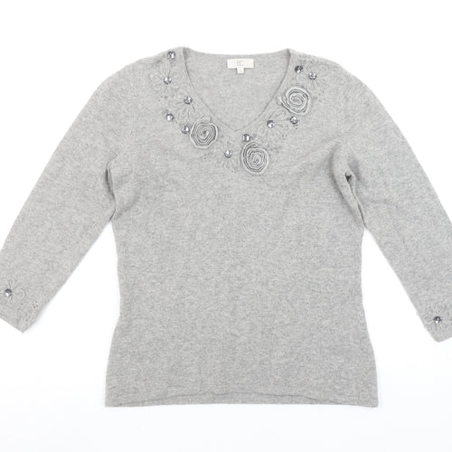 CC Women Grey Angora Cashmere Blend V-Neck Long Sleeve Jumper S