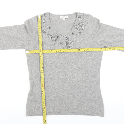 CC Women Grey Angora Cashmere Blend V-Neck Long Sleeve Jumper S