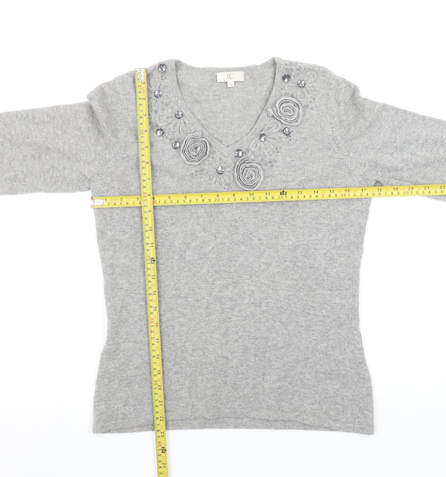 CC Women Grey Angora Cashmere Blend V-Neck Long Sleeve Jumper S