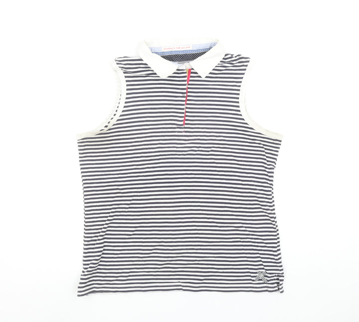 Marks and Spencer Per Una Women's Blue Striped Sleeveless Cotton Polo Top Size 14