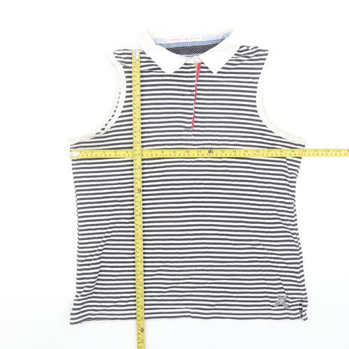 Marks and Spencer Per Una Women's Blue Striped Sleeveless Cotton Polo Top Size 14