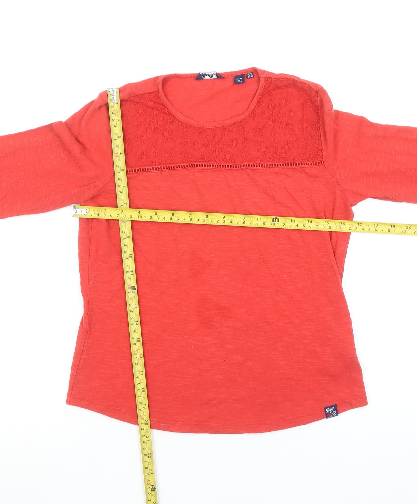 Superdry Women's Red Long Sleeve Cotton Crochet T-Shirt UK 8