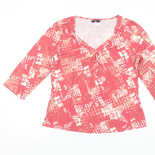 M&Co Womens Pink Geometric V-Neck 3/4 Sleeve Jersey T-Shirt Size 14