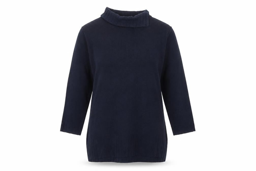 Front view of Marks & Spencer Women’s Blue Roll Neck Cotton Jumper, size UK 12