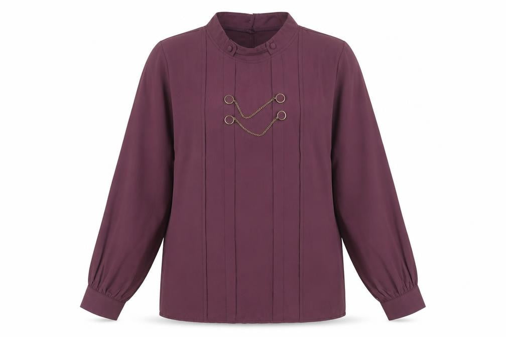 Front view of Voggo Women’s Purple High Neck Button Chain Tunic Blouse, size M