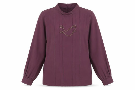 Front view of Voggo Women’s Purple High Neck Button Chain Tunic Blouse, size M