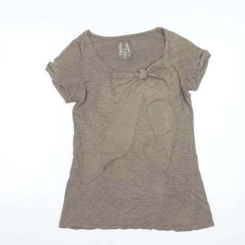 Zara Women Brown Bow Detail Short Sleeve Cotton T-Shirt Size M