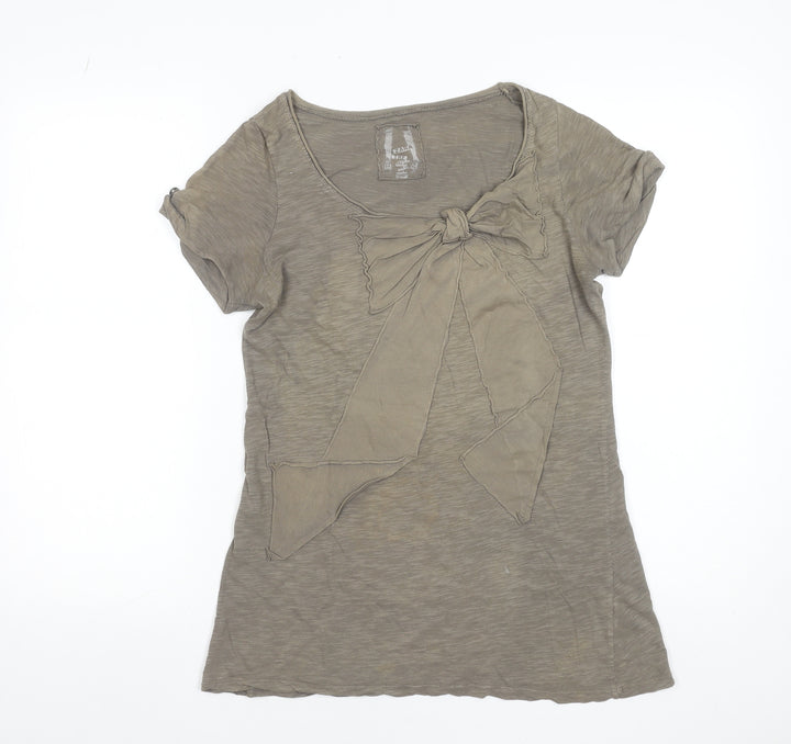 Zara Women Brown Bow Detail Short Sleeve Cotton T-Shirt Size M