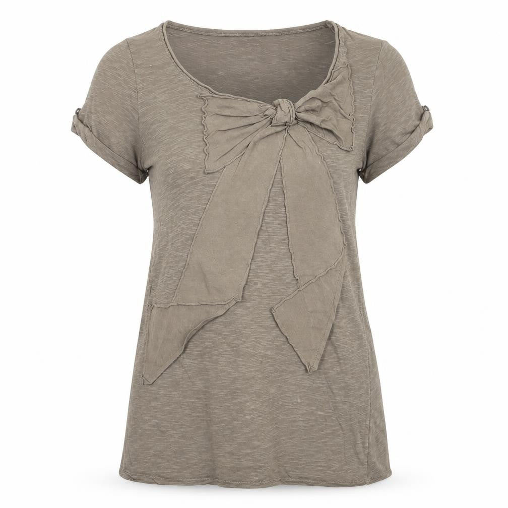 Zara Women Brown Bow Detail Short Sleeve Cotton T-Shirt Size M