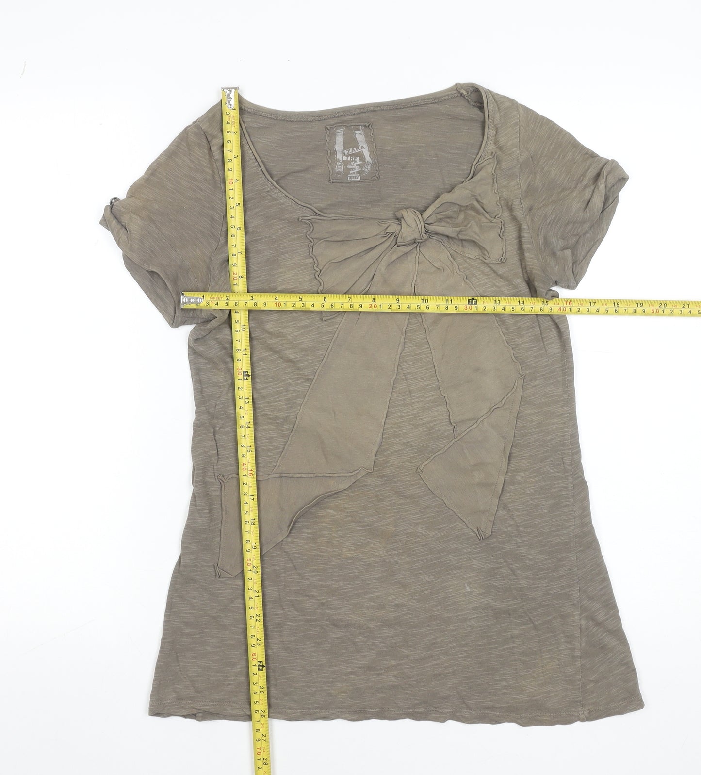 Zara Women Brown Bow Detail Short Sleeve Cotton T-Shirt Size M