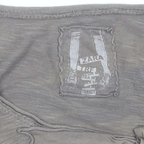 Zara Women Brown Bow Detail Short Sleeve Cotton T-Shirt Size M
