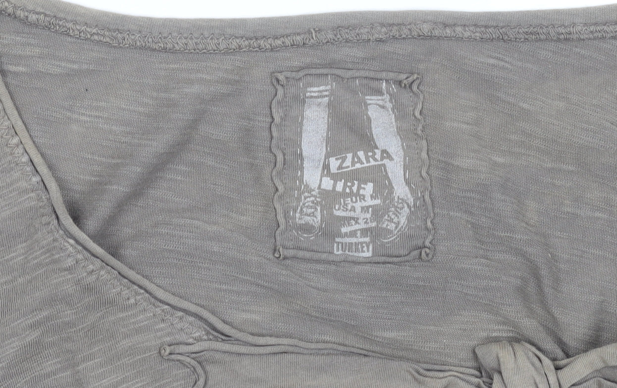 Zara Women Brown Bow Detail Short Sleeve Cotton T-Shirt Size M