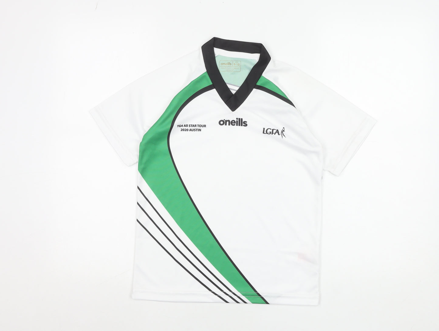 O'Neills Boys White Green LGFA Jersey 9-10 Years V-Neck Sports T-Shirt