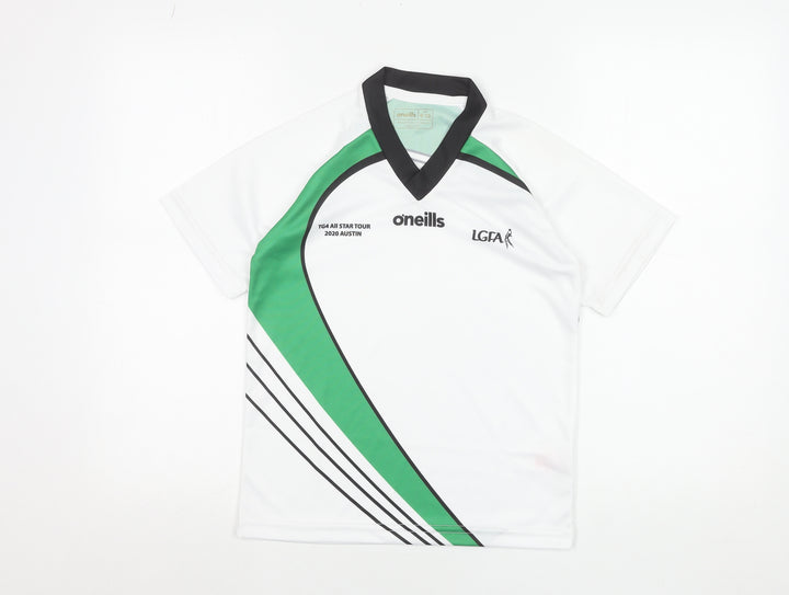 O'Neills Boys White Green LGFA Jersey 9-10 Years V-Neck Sports T-Shirt