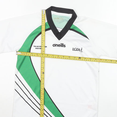 O'Neills Boys White Green LGFA Jersey 9-10 Years V-Neck Sports T-Shirt