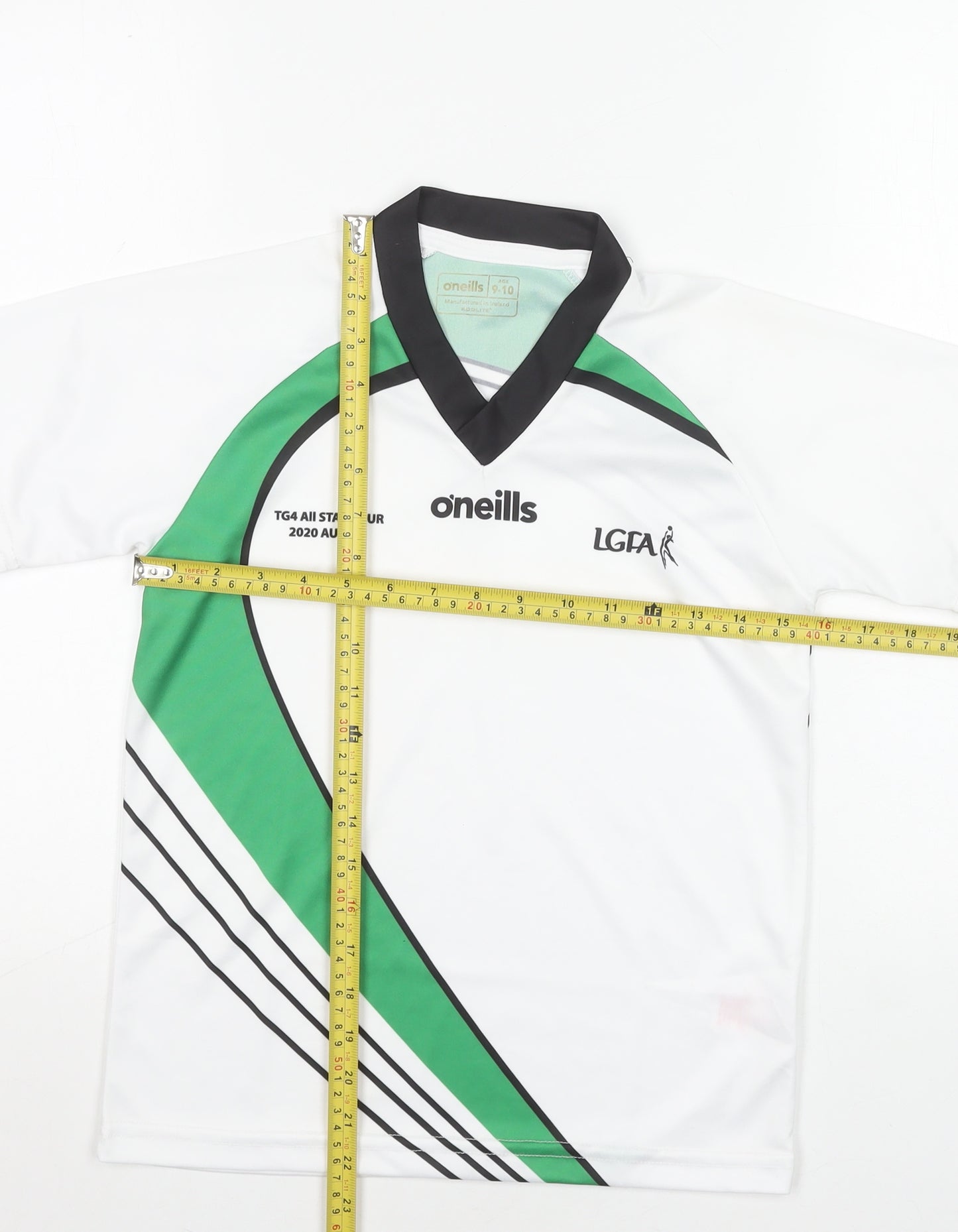 O'Neills Boys White Green LGFA Jersey 9-10 Years V-Neck Sports T-Shirt