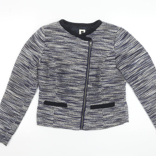 Jensen Womens Blue Tweed Collarless Biker Jacket Size 8