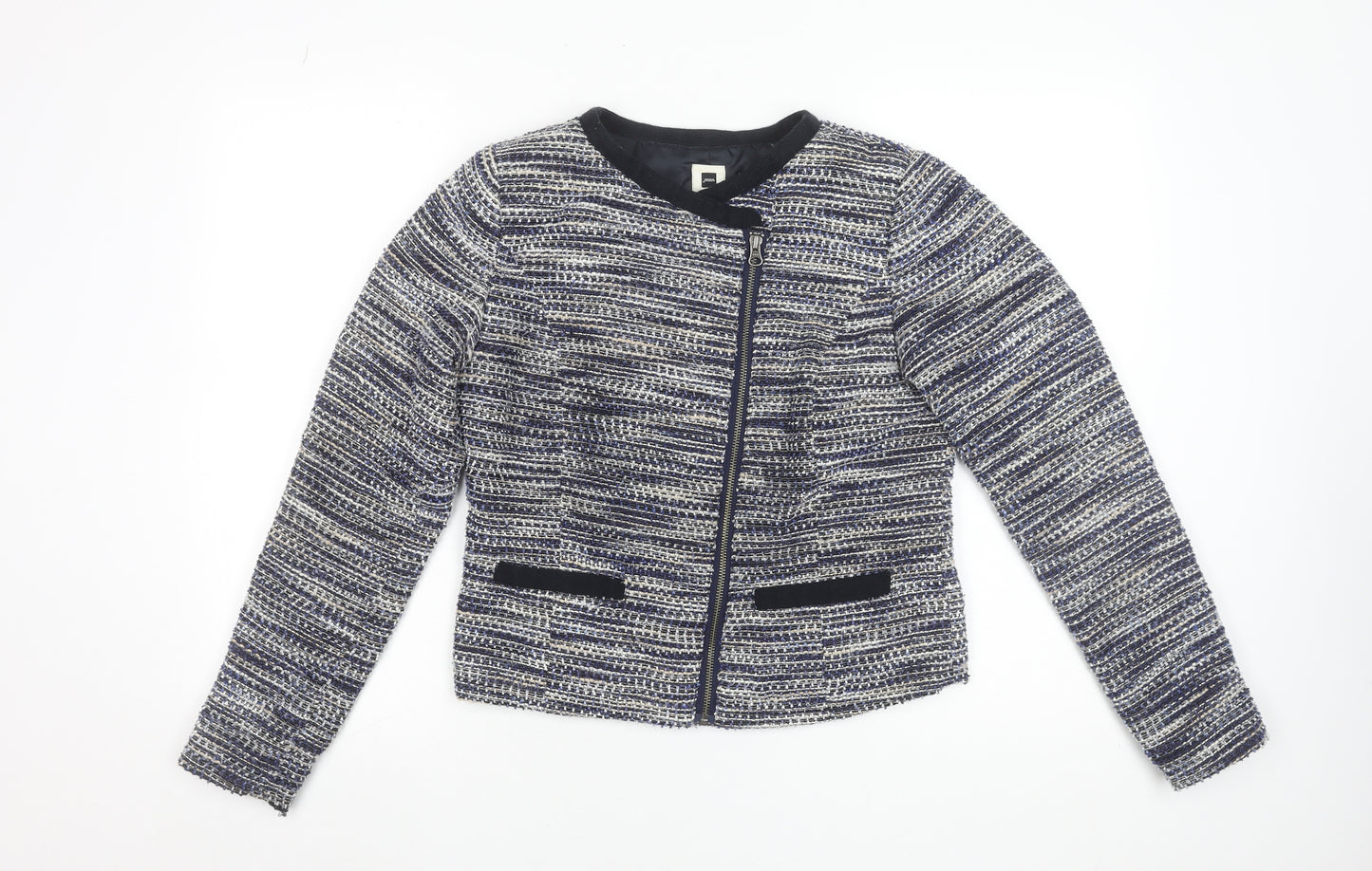 Jensen Womens Blue Tweed Collarless Biker Jacket Size 8