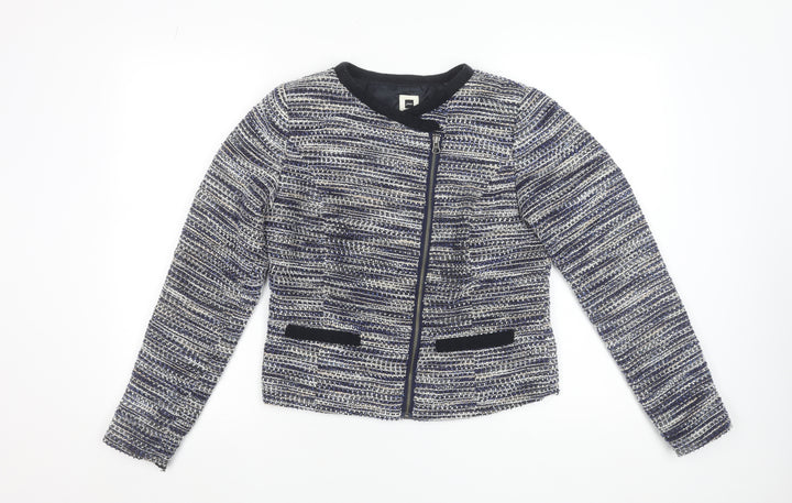 Jensen Womens Blue Tweed Collarless Biker Jacket Size 8