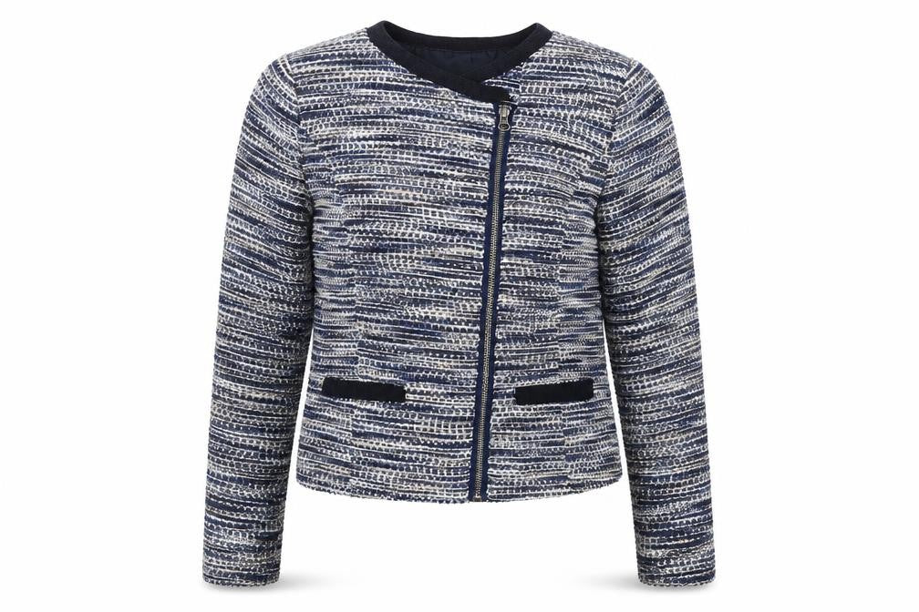 Front view of Jensen women’s blue tweed collarless biker jacket, size UK 8