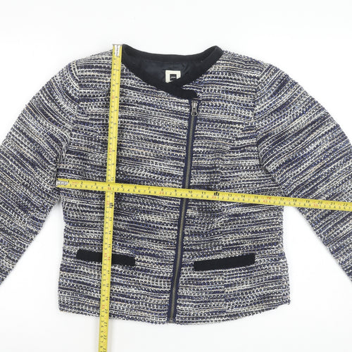 Jensen Womens Blue Tweed Collarless Biker Jacket Size 8