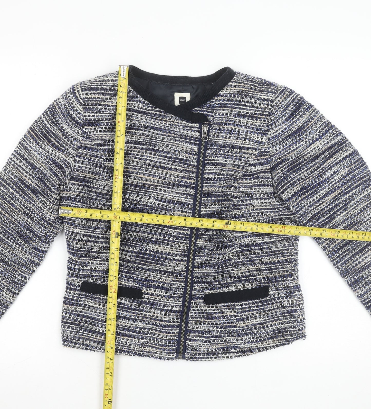Jensen Womens Blue Tweed Collarless Biker Jacket Size 8