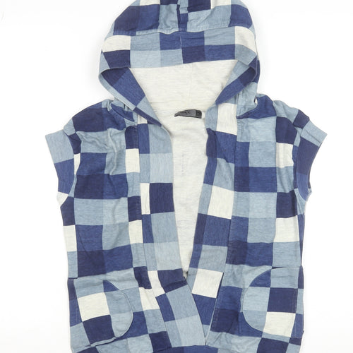 ONLY Women's Blue Checked Sleeveless Hooded Vest M Cotton Blend