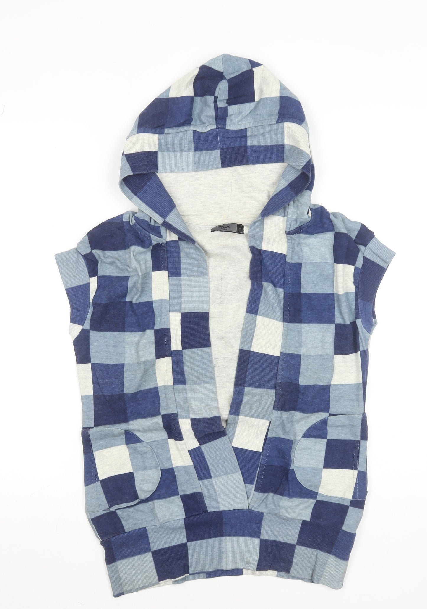 ONLY Women's Blue Checked Sleeveless Hooded Vest M Cotton Blend