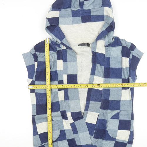 ONLY Women's Blue Checked Sleeveless Hooded Vest M Cotton Blend