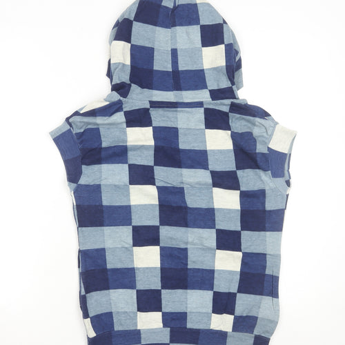 ONLY Women's Blue Checked Sleeveless Hooded Vest M Cotton Blend