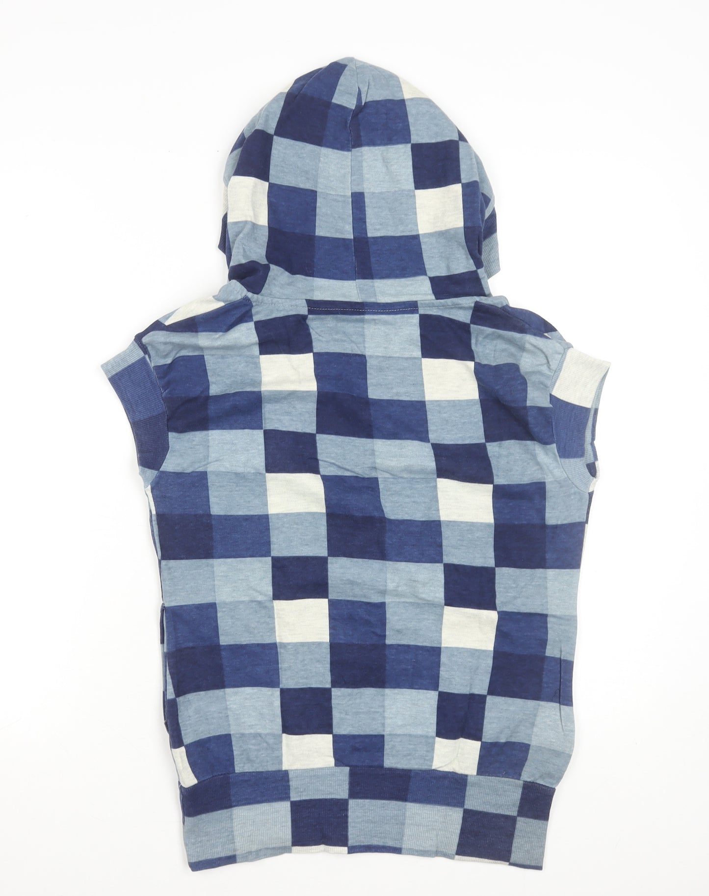 ONLY Women's Blue Checked Sleeveless Hooded Vest M Cotton Blend