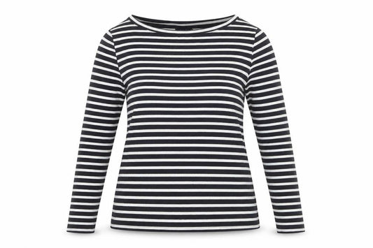 Front view of ASOS DESIGN Women’s Black White Striped Boat Neck Long Sleeve T-Shirt, size UK 14