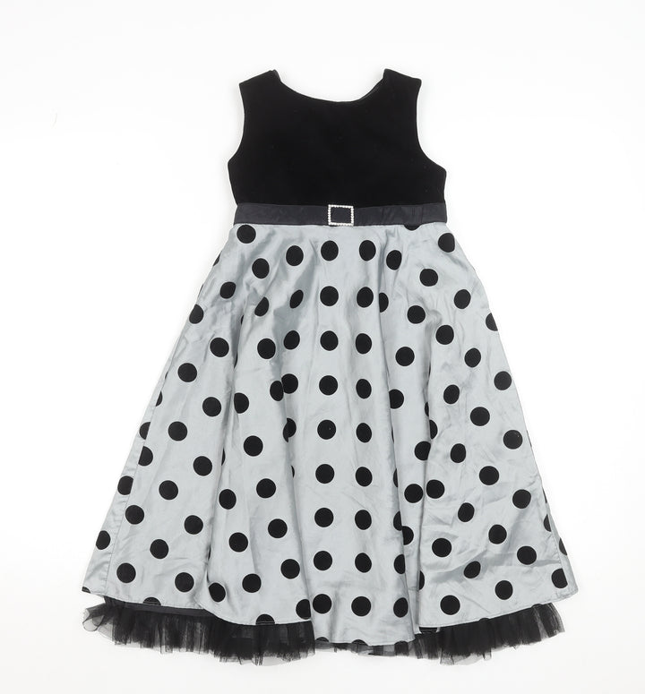 St. Bernard for Dunnes Girls Black & Silver Polka Dot Fit & Flare Dress Age 7