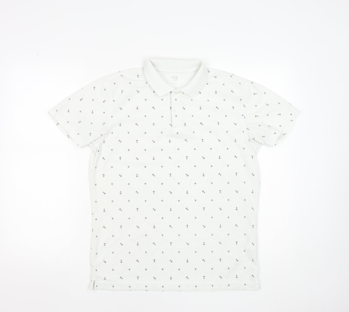 Uniqlo Men's White Anchor Print Polo Shirt Size L Short Sleeve