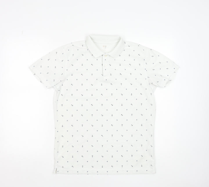 Uniqlo Men's White Anchor Print Polo Shirt Size L Short Sleeve
