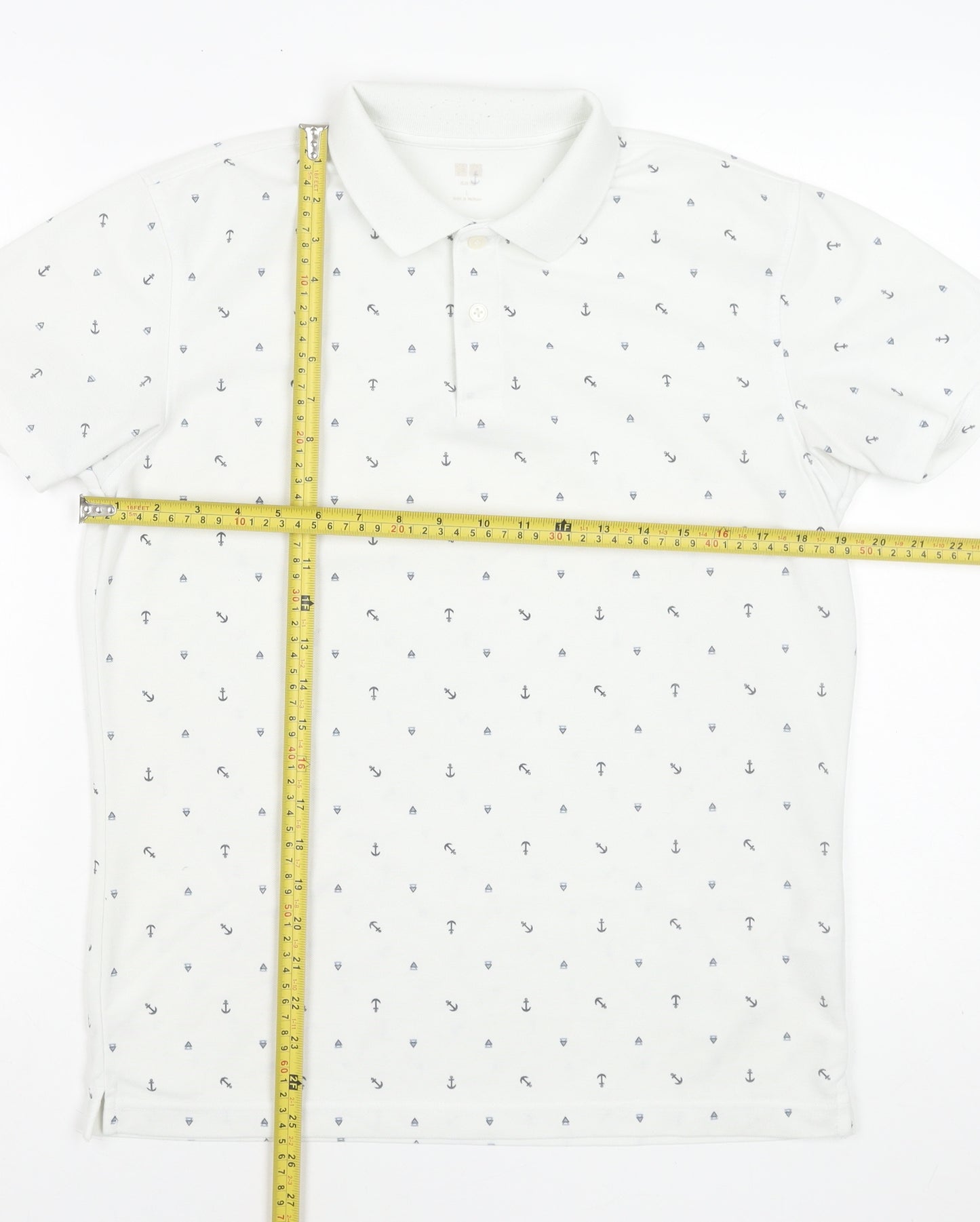 Uniqlo Men's White Anchor Print Polo Shirt Size L Short Sleeve