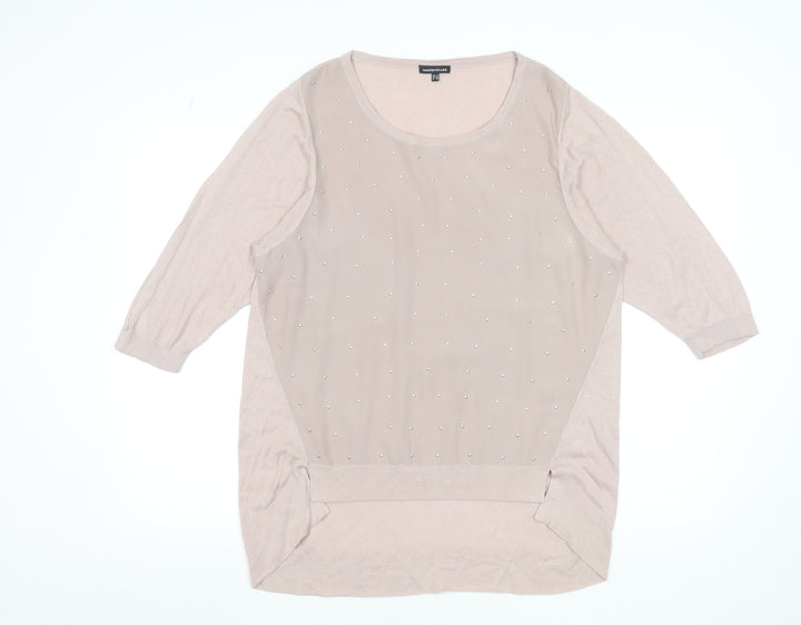 Warehouse Women’s Beige Beaded Front 3/4 Sleeve Top UK 14