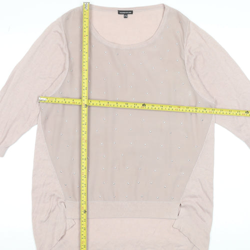 Warehouse Women’s Beige Beaded Front 3/4 Sleeve Top UK 14