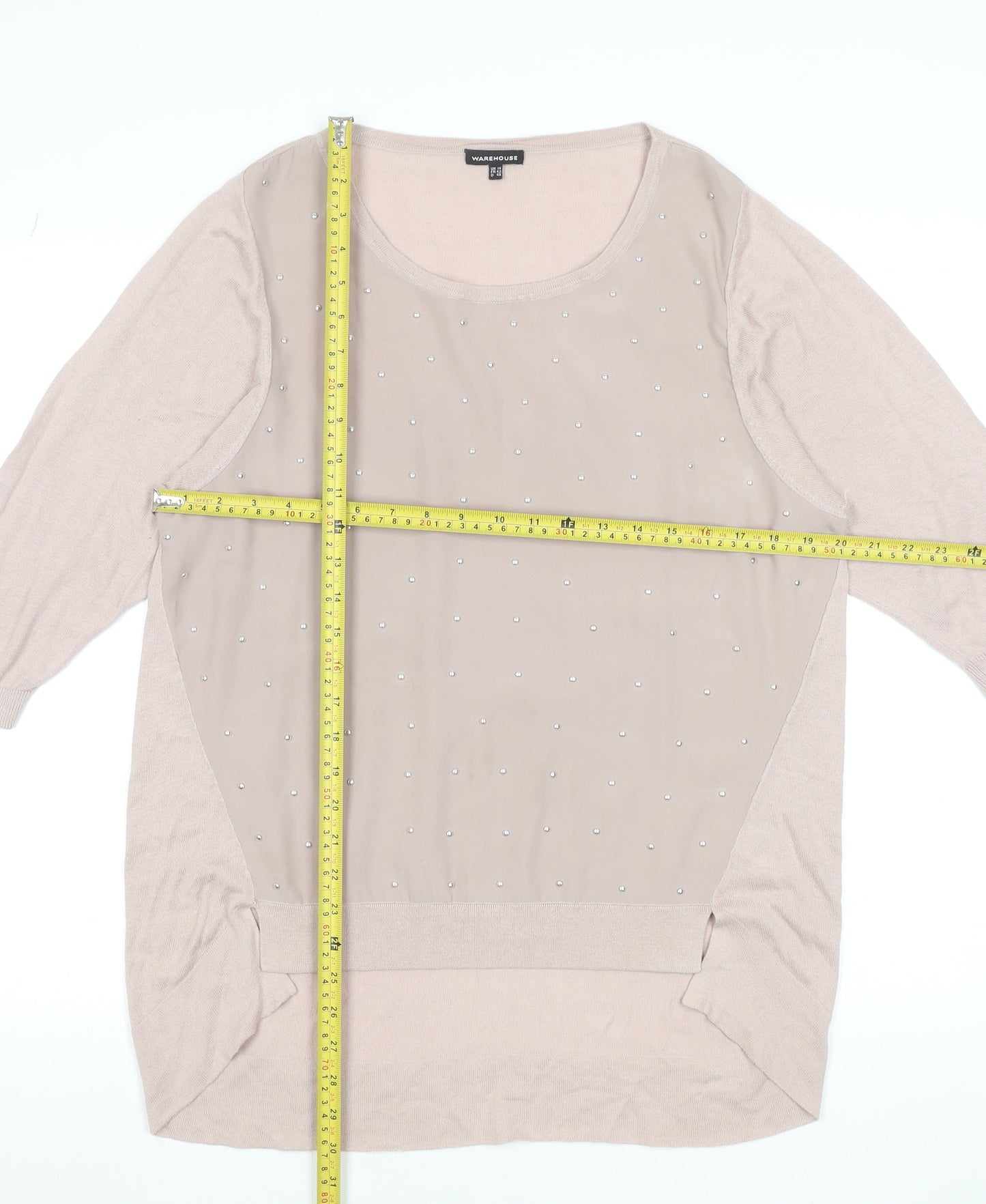 Warehouse Women’s Beige Beaded Front 3/4 Sleeve Top UK 14