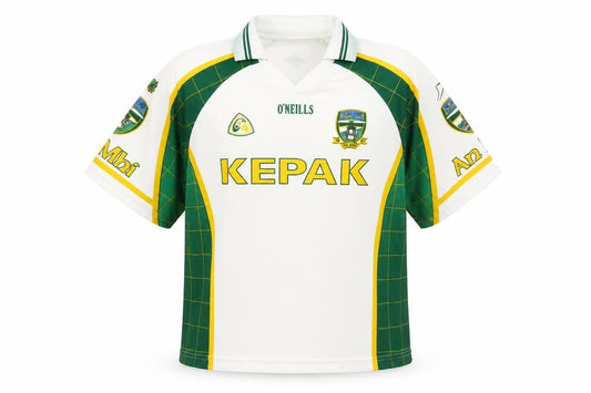 Front view of O'Neill boys’ white green football jersey 13-14 years collared sports top