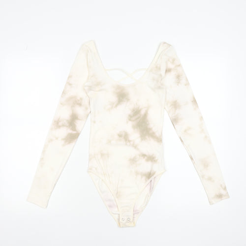 Stradivarius Womens Beige Tie Dye Long Sleeve Bodysuit Size 12